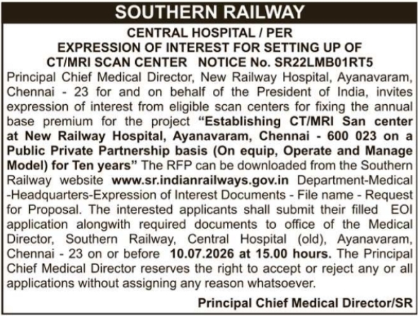 Tender Notice: Southern Railway CT/MRI Scan Center PPP Project