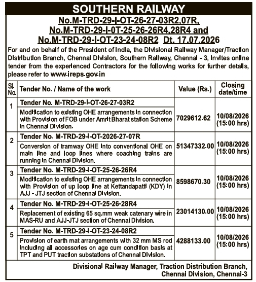 Tender Notice: Southern Railway OHE and Electrical Works