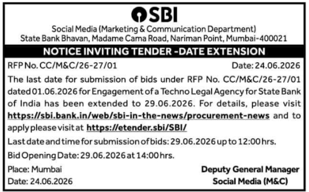 Tender Notice: Submission Extension for Techno Legal Agency Engagement by SBI