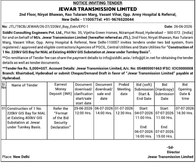 Tender Notice: Substation Infrastructure Construction by Jewar Transmission Limited