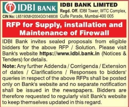 Tender Notice: Supply, Installation, and Maintenance of Firewall