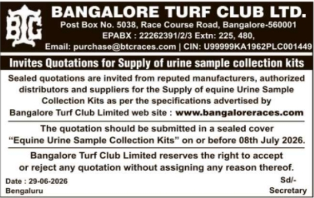 Tender Notice: Supply of Equine Urine Sample Collection Kits by Bangalore Turf Club