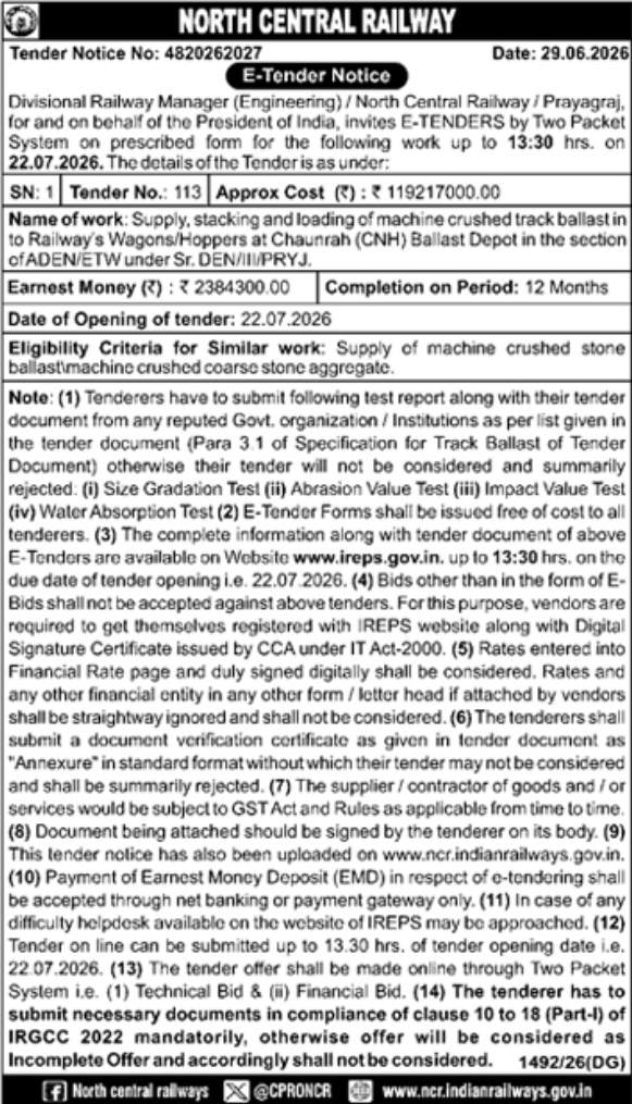 Tender Notice: Supply, Stacking and Loading of Machine Crushed Track Ballast for North Central Railway