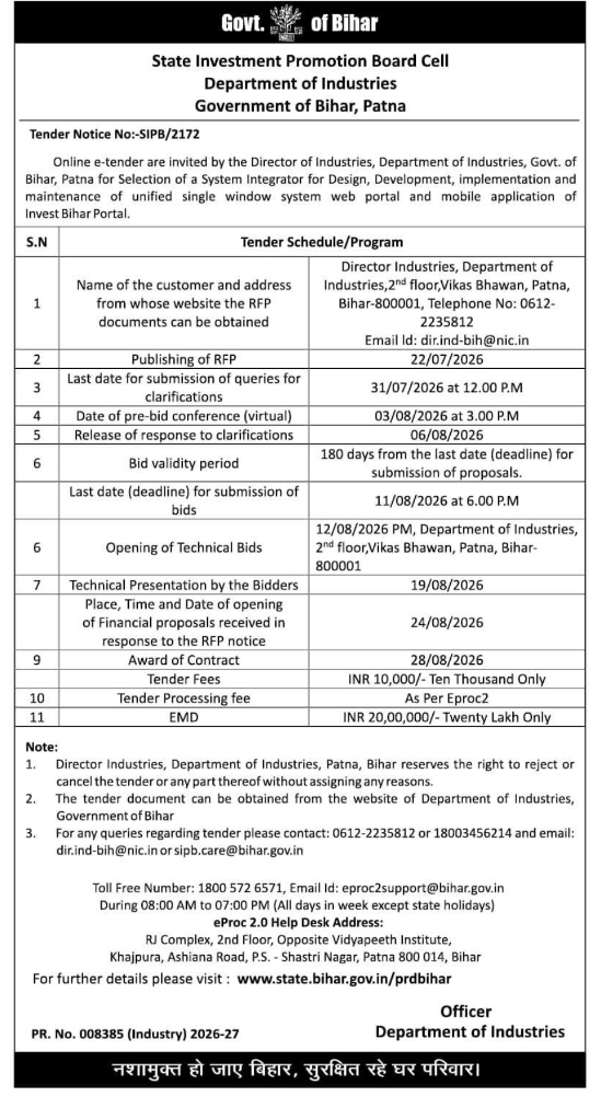 Tender Notice: System Integrator for Invest Bihar Portal