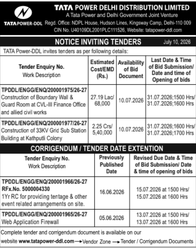 Tender Notice: TATA Power-DDL Civil Works & IT Services