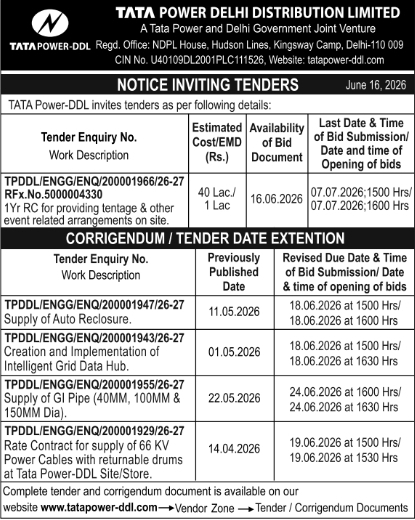 Tender Notice: TATA Power-DDL Event Tentage & Arrangements