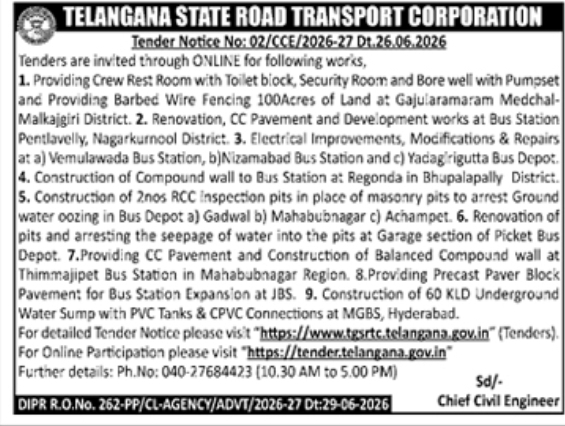 Tender Notice: TGSRTC Civil and Electrical Works