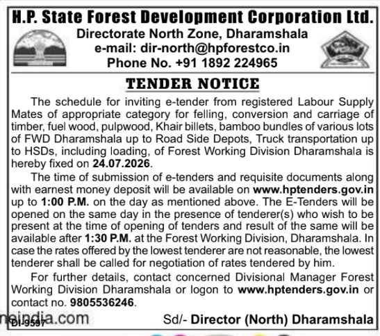 Tender Notice: Timber Harvesting and Transport for H.P. State Forest Development Corporation Ltd.
