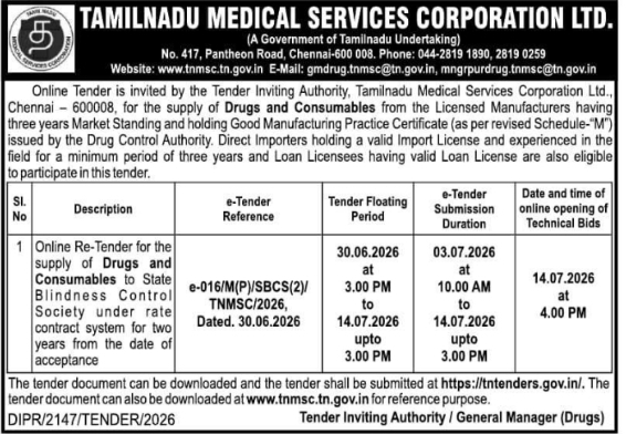 Tender Notice: TNMSC Drugs and Consumables Re-Tender