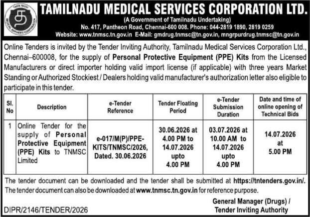 Tender Notice: TNMSC PPE Kits Procurement