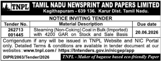 Tender Notice: TNPL Steaming Coal Procurement