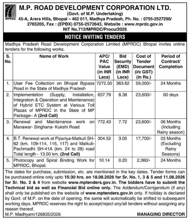 Tender Notice: Toll Operations, ETC Systems & Road Works