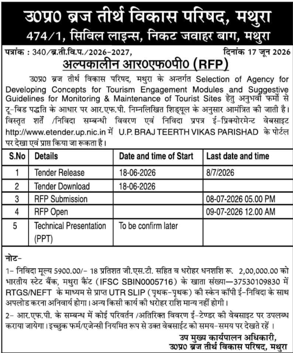Tender Notice: Tourism Development Concepts UPBTVP Mathura