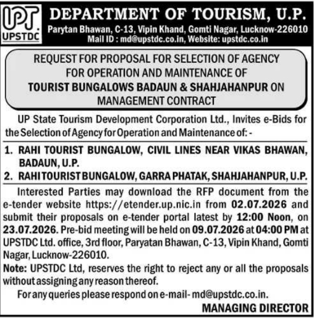 Tender Notice: Tourist Bungalow Management at UPSTDC, Lucknow
