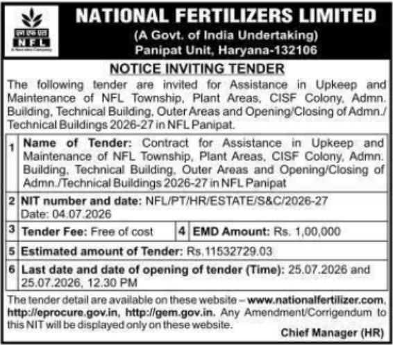 Tender Notice: Township & Plant Maintenance