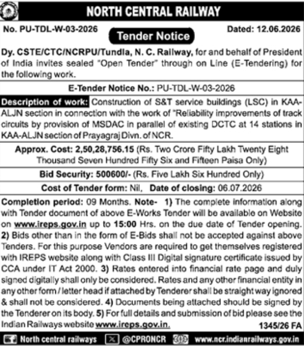 Tender Notice: Track Reliability Infrastructure for North Central Railway Tundla