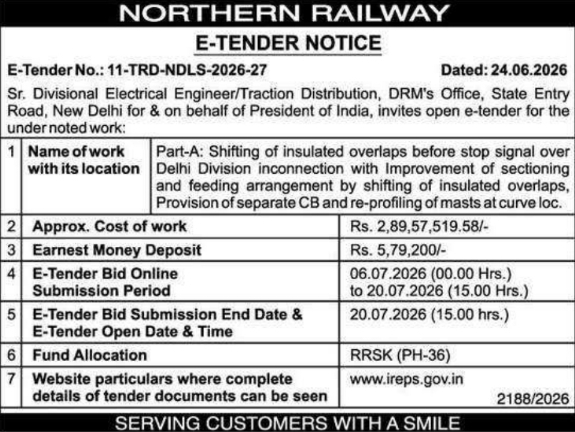 Tender Notice: Traction Distribution Shifting Works by Northern Railway