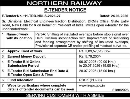 Tender Notice: Traction Distribution Shifting Works by Northern Railway