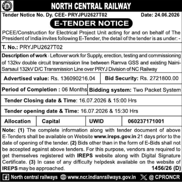 Tender Notice: Transmission Line Work by North Central Railway