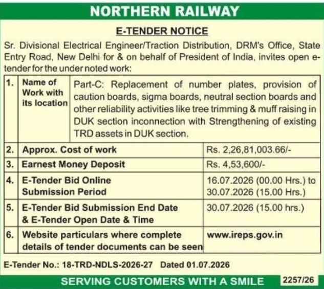 Tender Notice: TRD Asset Strengthening at Northern Railway, New Delhi