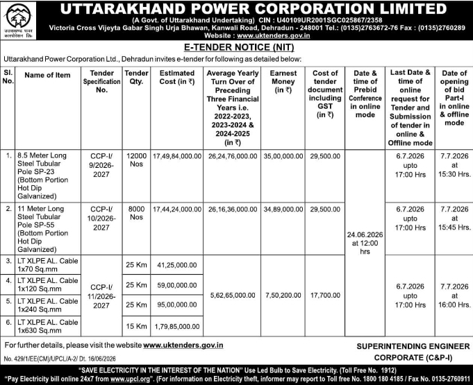 Tender Notice: Tubular Poles and XLPE Cables Procurement UPCL Dehradun