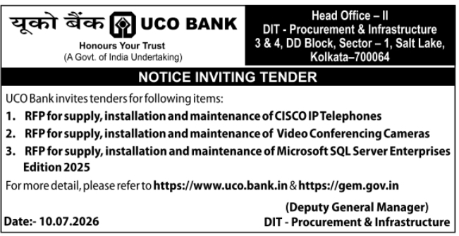Tender Notice: UCO Bank IT Procurement RFPs