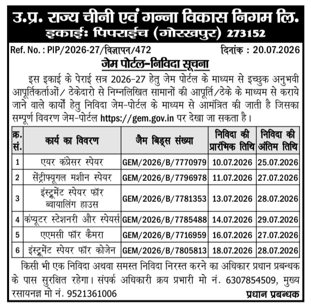 Tender Notice: UP State Sugar Corp. Factory Spares