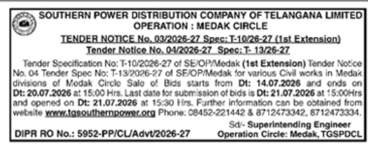 Tender Notice: Various Civil Works in Medak Circle Divisions