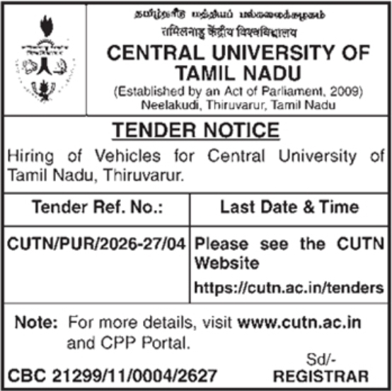 Tender Notice: Vehicle Hiring Work Central University of Tamil Nadu, Thiruvarur