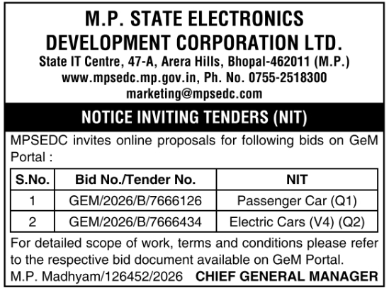 Tender Notice: Vehicle Procurement MPSEDC Bhopal
