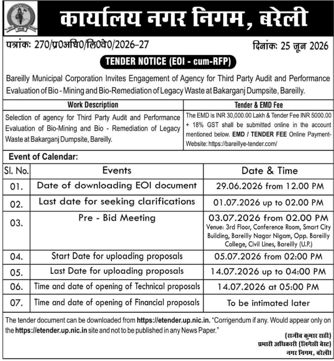 Tender Notice: Waste Management Audit EOI by Bareilly Municipal Corporation