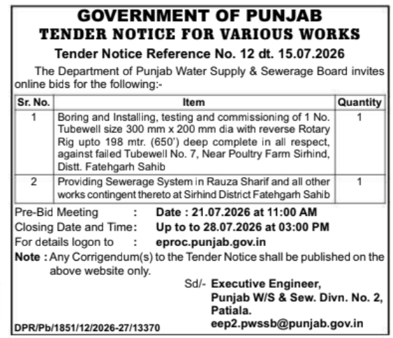 Tender Notice: Water Infrastructure Works for Punjab Water Supply & Sewerage Board