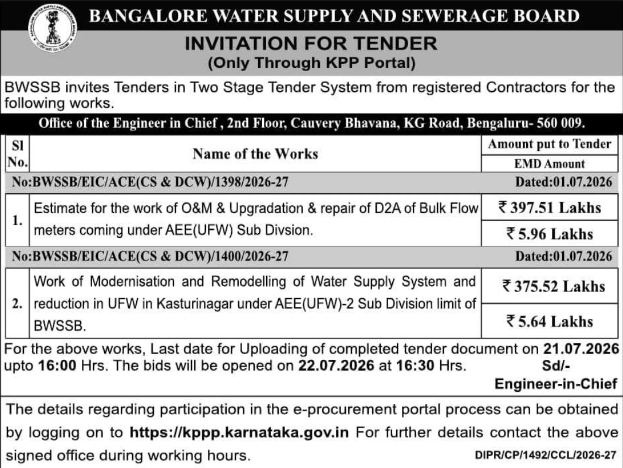 Tender Notice: Water Supply Infrastructure Works by BWSSB