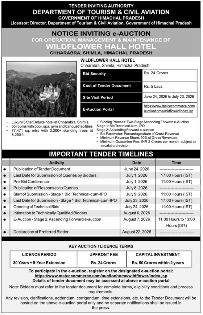 Tender Notice: Wildflower Hall Hotel E-Auction by Himachal Pradesh Tourism
