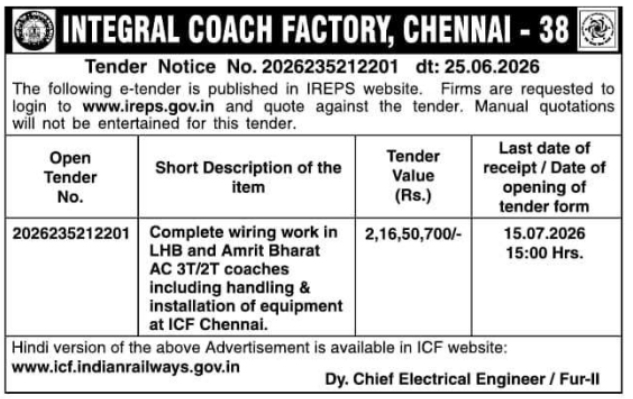 Tender Notice: Wiring Work in LHB Coaches by Integral Coach Factory