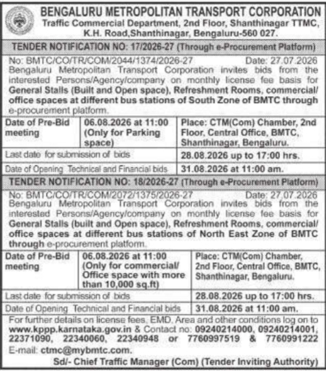 Tender Notification for Commercial Spaces by BMTC