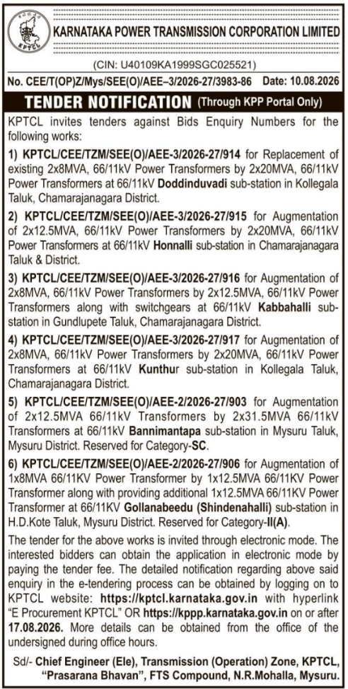 Tender Notification for Power Transformer Substation Augmentation by KPTCL Mysuru