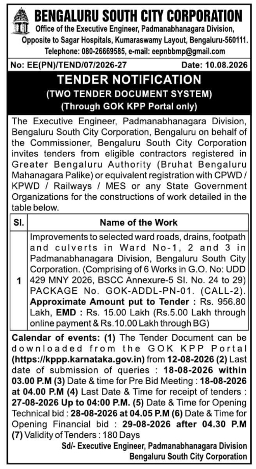Tender Notification for Ward Road and Drainage Work