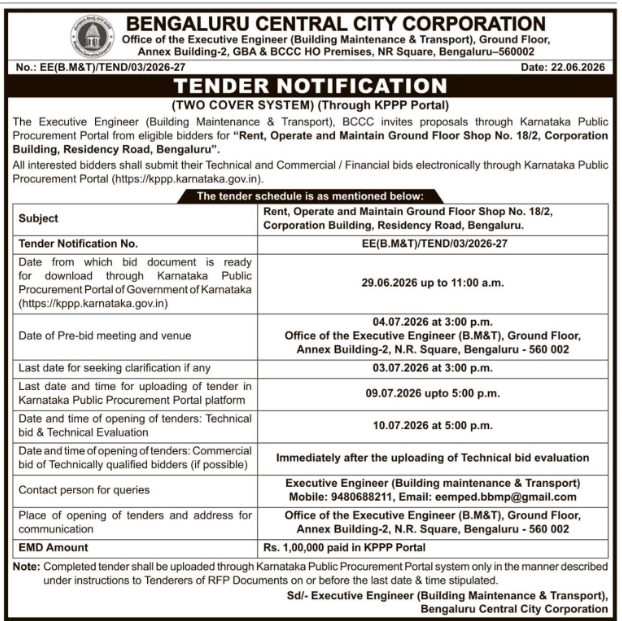 Tender Notification: Shop Rental and Maintenance by Bengaluru Central City Corporation