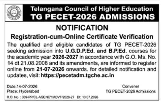 TG PECET-2026 Admissions Notification: Registration & Certificate Verification