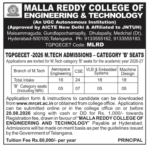 TG-PGECET M.Tech Admissions Category B Seats by Malla Reddy College (MRCET)
