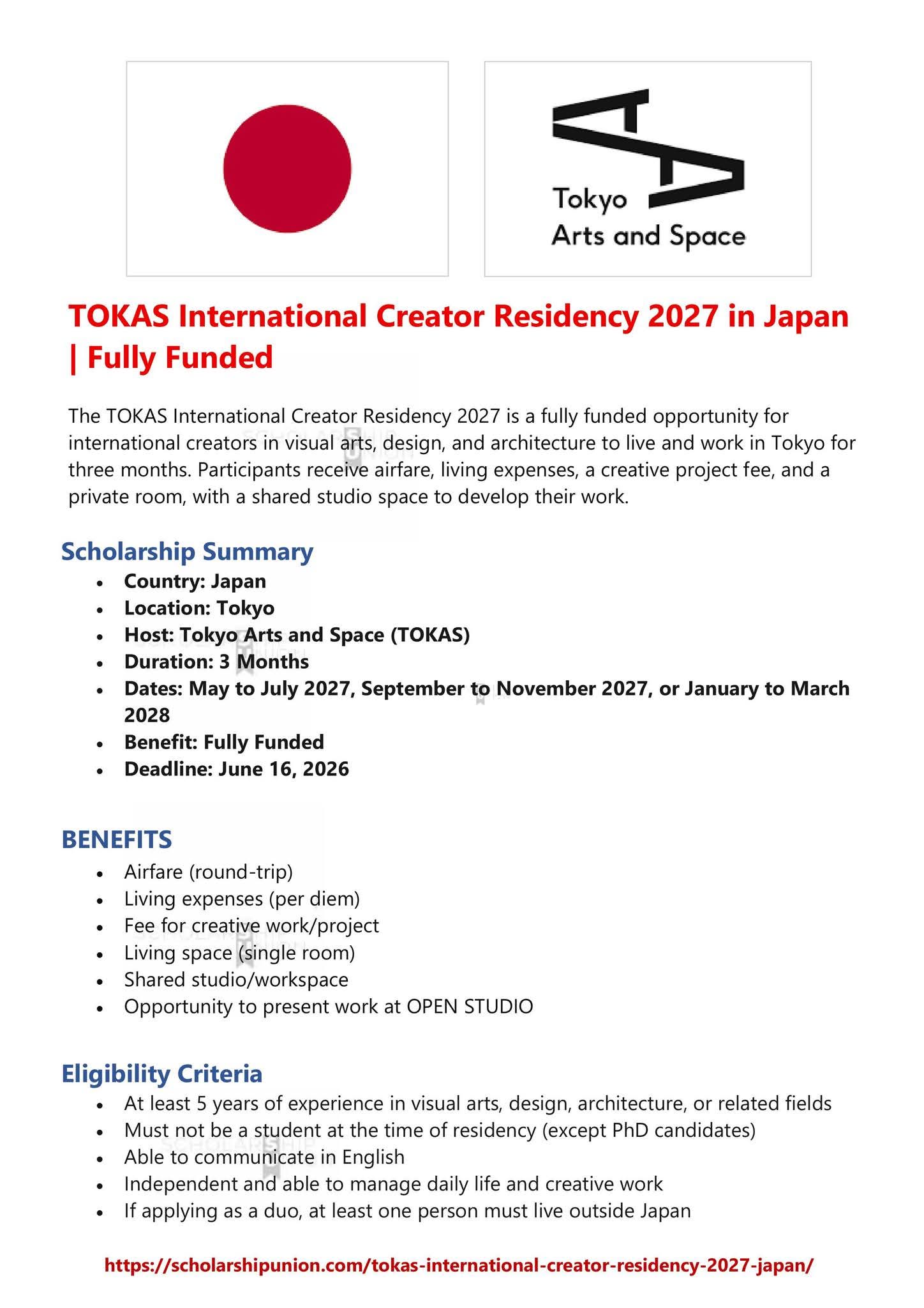 TOKAS International Creator Residency 2027 in Japan