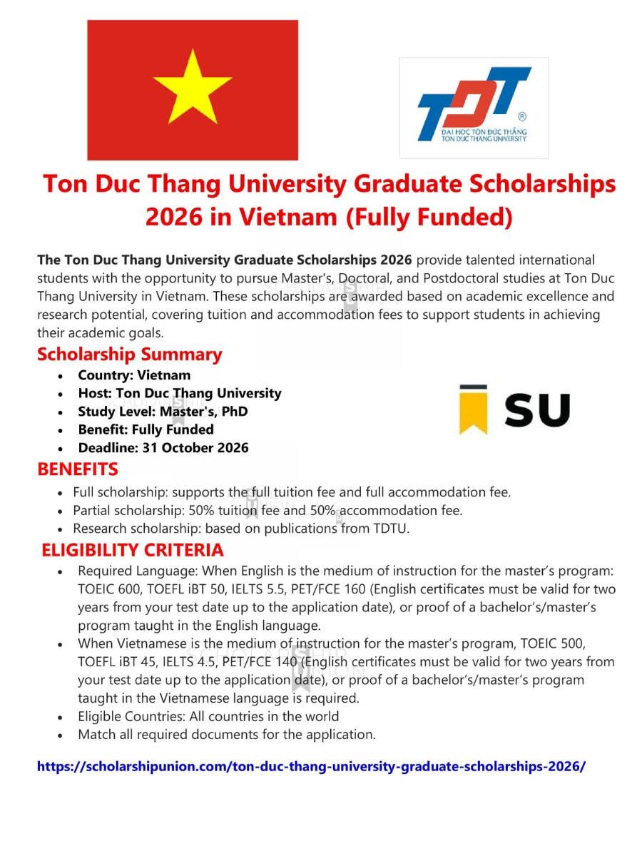 Ton Duc Thang University Graduate Scholarships 2026 in Vietnam