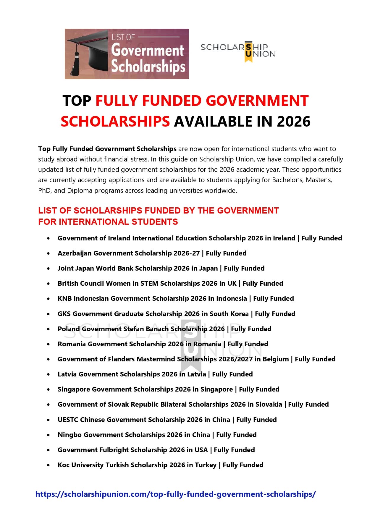 Top Fully Funded Government Scholarships 2026