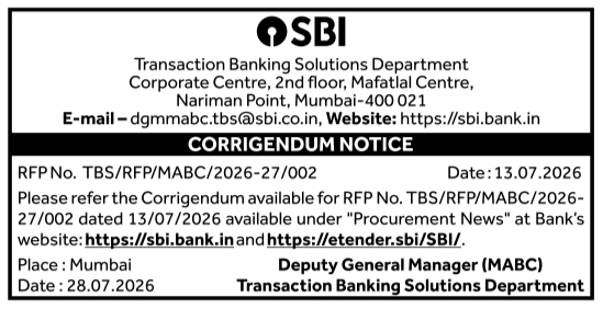 Transaction Banking Solutions RFP Corrigendum Notice by SBI