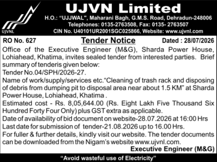 Trash Rack Cleaning Tender by UJVN Limited