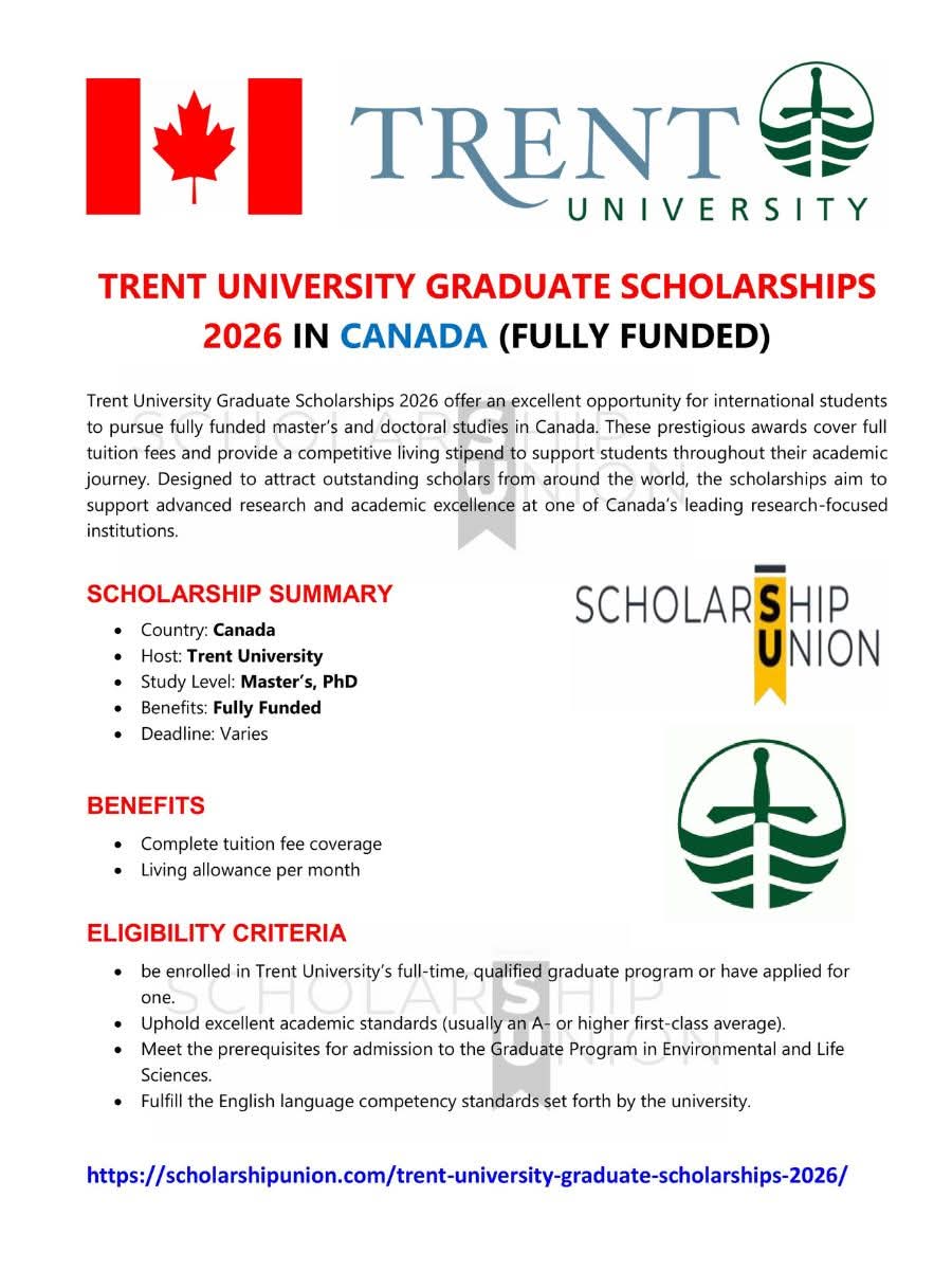 Trent University Graduate Scholarships 2026 in Canada
