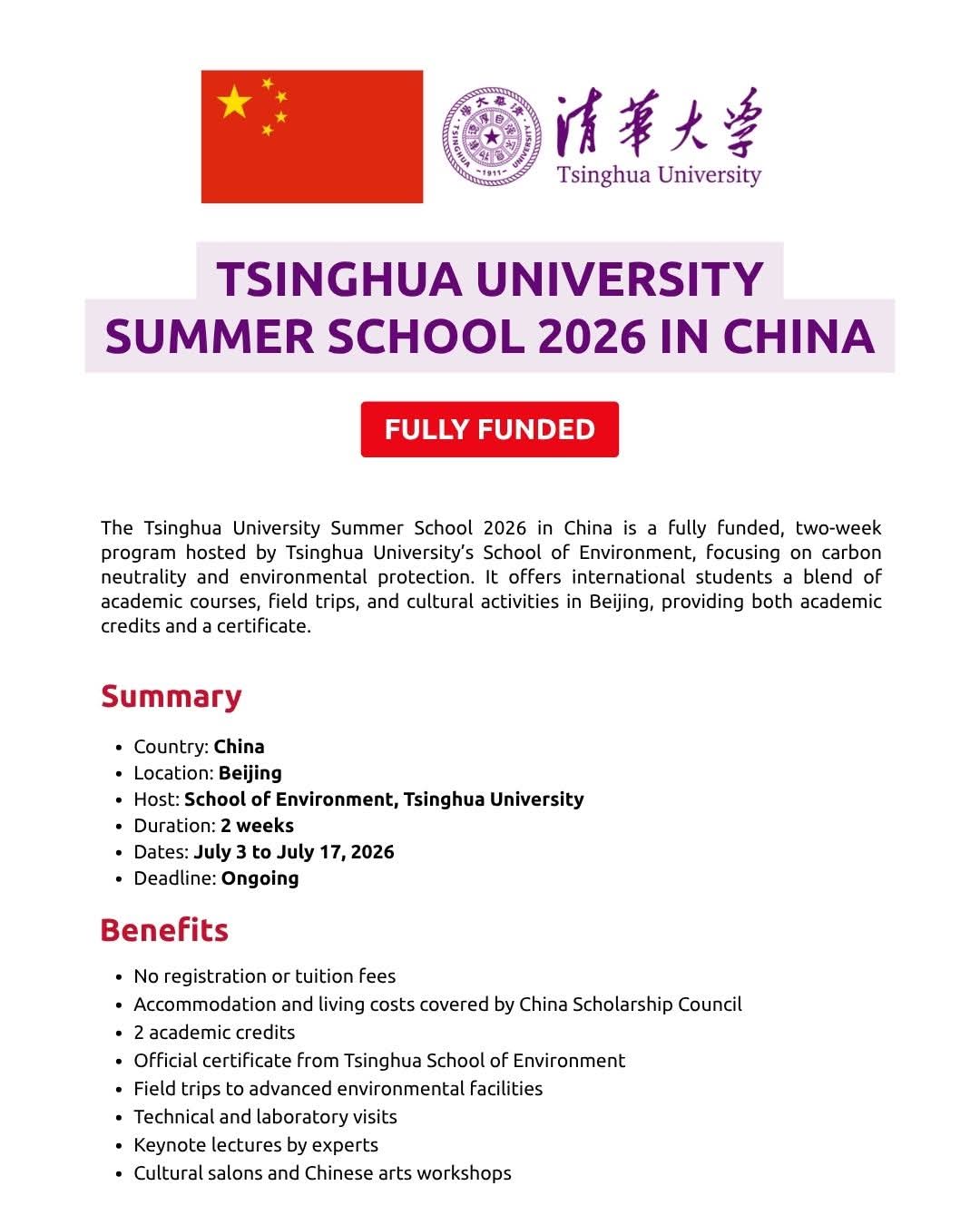 Tsinghua University Summer School 2026 in China