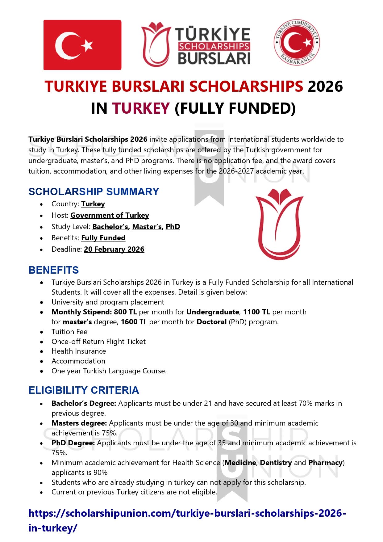 TURKIYE BURSLARI SCHOLARSHIPS 2026 FULLY FUNDED