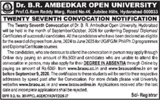 Twenty-Seventh Convocation Official Notification by Dr. B.R. Ambedkar Open University